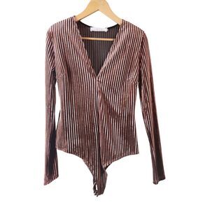 EUC ASTR The Label Womens Bodysuit Medium Brown/Gold Semi Sheer 90s Futuristic‎